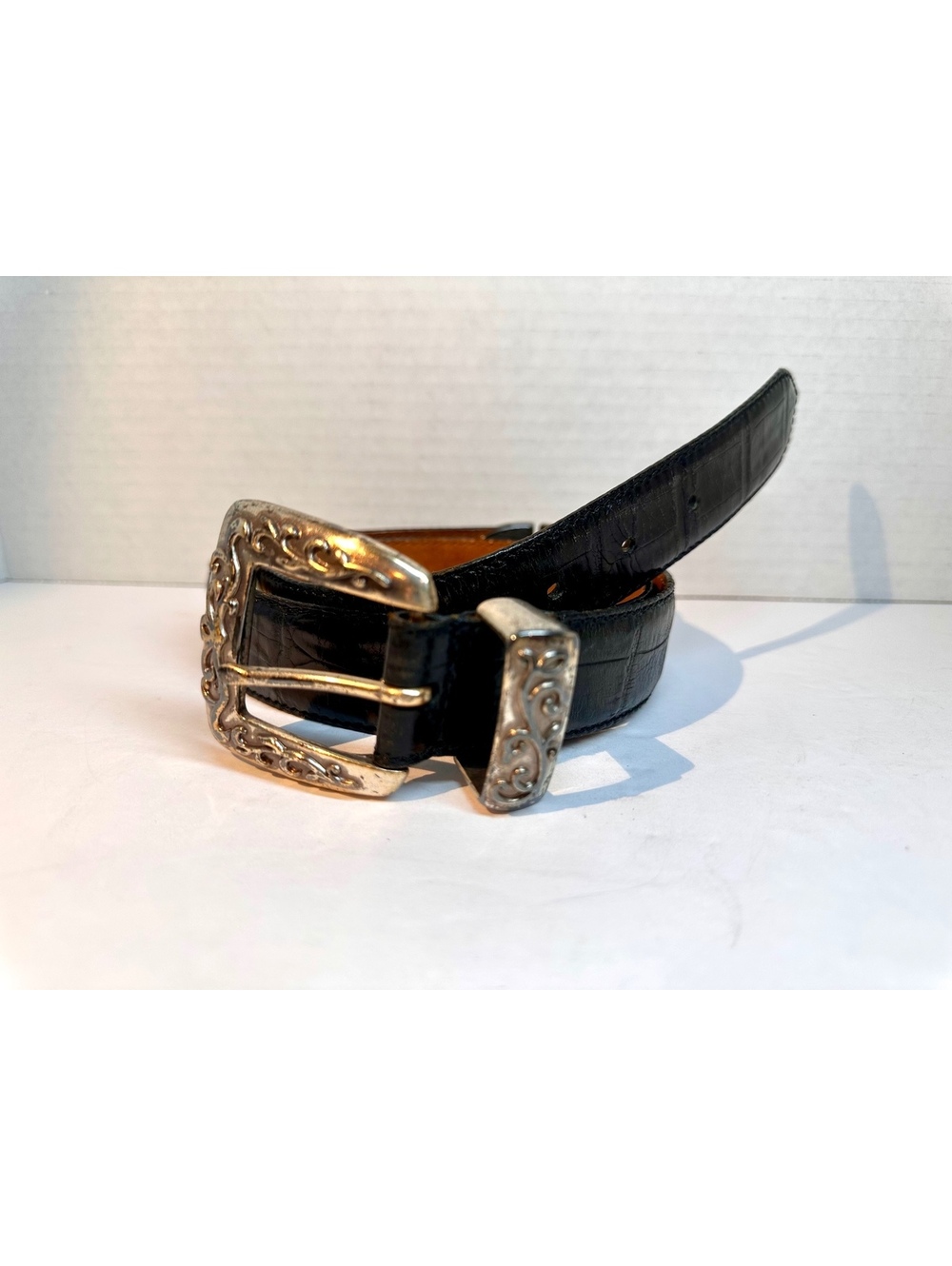 Vintage Fossil Black Leather Western Belt Ornate Engraved Silver Buckle
